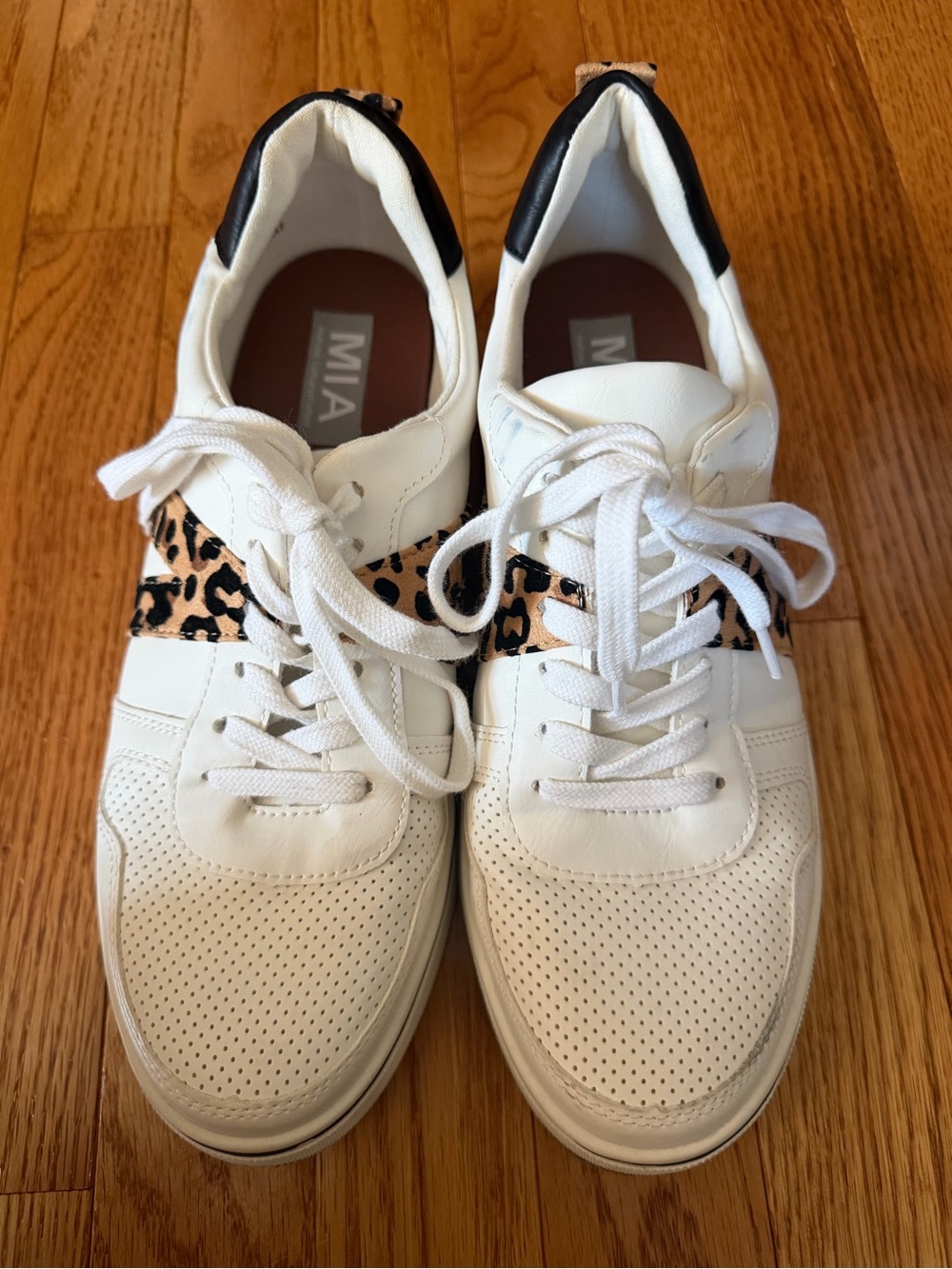 MIA White Sneakers with Leopard Stripe and Black Heel